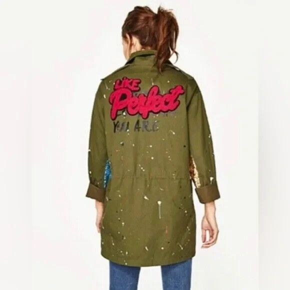 Zara Trafaluc Anorak Utility Jacket Army Green Sequin Embroidered Full Z… - Picture 2 of 13